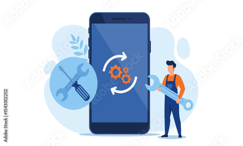 Mobile Phone Repair & Service Illustration a professional mobile phone repair service, featuring a large smartphone, a technician, and tools, symbolizing technical support and system updates.