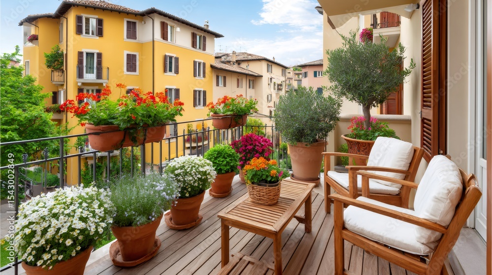 Fototapeta premium Blooming balcony with lush plants overlooking picturesque italian town