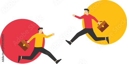 Man businessman runs through the portal. Fantasy teleport. Vector illustration flat design. stock illustration