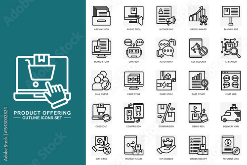 product offering outline icons set. contain archive box, audio tool, chatbot, ai search checkout, vip member and more. use for modern concept, print, UI, UX kit, web and app development. Vector EPS 10