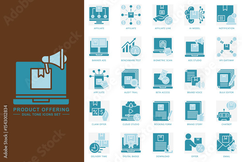 Product offering dual tone icons set. contain affiliate, ai model, notification, chatbot, email, download and more. use for modern concept, print, UI, UX kit, web and app development. Vector EPS 10