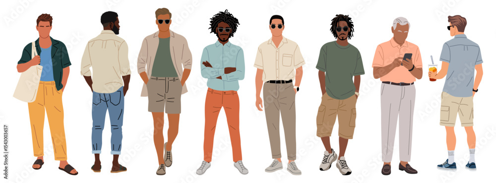 Vector set of stylish men of various races, ages, and body types wearing smart casual and street fashion. Standing and walking, front and rear views. Isolated on transparent background