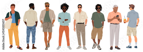 Vector set of stylish men of various races, ages, and body types wearing smart casual and street fashion. Standing and walking, front and rear views. Isolated on transparent background