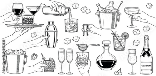 Alcohol cocktail bar doodle set, vector hand drawn beverages party illustration, champagne glasses. Waiter arm with tray, bartender preparing drinks, gin bottle menu line icon. Cocktail doodle clipart