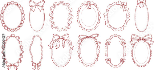Cute ribbon frame set, vector hand drawn doodle border, pink bow line illustration, minimal design. Romantic wedding celebration decor, coquettish wavy oval banner. Vintage elegant lace ribbon frame.