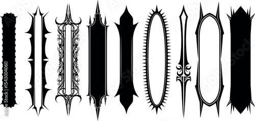 Gothic game frame set, vector fantasy medieval border, vintage tribal symmetry mystic design element. UI dark mystery menu, magic RPG antique arch swirl ornament print. Spike gothic frame collection