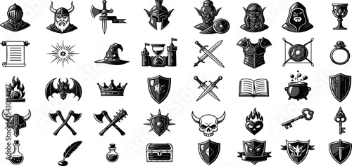 Game fantasy icon set, vector magic dungeon dragon RPG sign, medieval warrior avatar, fairytale sign. Knight battle sword, armour helmet, power weapon, witch hat, potion cauldron. Fantasy icon kit