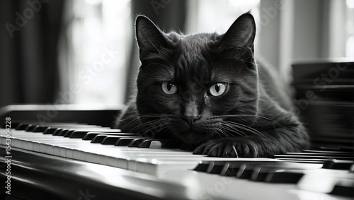 Monochrome Cat Hides Behind Piano Keys