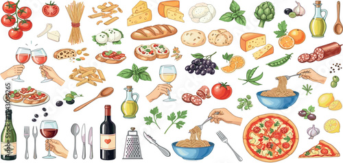  Italian food cooking eatery illustration, vector hand drawn watercolor diner table object pasta. Traditional meal lunch kitchen clipart set wine bottle, different cheese, tomatoes. Italian food poste