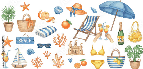  Italian summer sticker set, Sicilian vacation watercolor illustration, Amalfi lemon pint vector kit. Beach lounger, mediterranean weekend picnic, Aperol cocktail glass, sand castle. Italian summer.