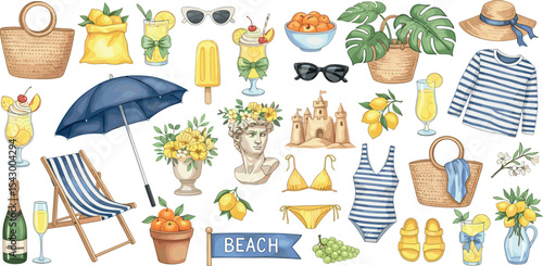  Italian summer sticker set, vector watercolor Sicilian vacation illustration, Amalfi lemon pint kit. Beach lounger, mediterranean weekend picnic, wine glass, swimming suit bikini. Italian summer.