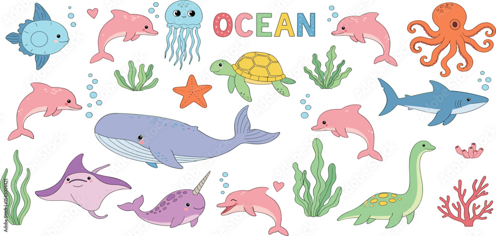 Obraz premium Kids doodle ocean animal set, vector hand drawn childish underwater scribble, cute cartoon dolphin. Naive baby nature sea sticker, colorful pencil illustration, whale, turtle, fish. Kids doodle design