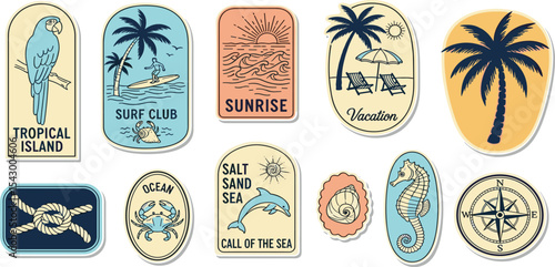 Summer ocean beach sticker set, vector engraving retro tropical sea label exotic vintage logo kit. Hand drawn postage tourism travel badge surf club sign, coastal marine design element. Summer sticker