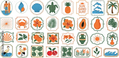 Summer beach tropical travel stamp, vector hand drawn ocean surf print set, coastal postage design. Exotic flowers fruit silhouette, vintage Hawaii island tourism symbol. Travel stamp retro graphic