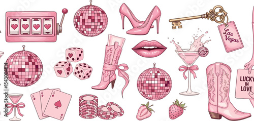  Vegas bachelorette party set, vector hand drawn watercolor cowgirl disco collection pink lips, keys. Casino cocktail club print woman legs, cowboy boots, bet chips, lucky love sign