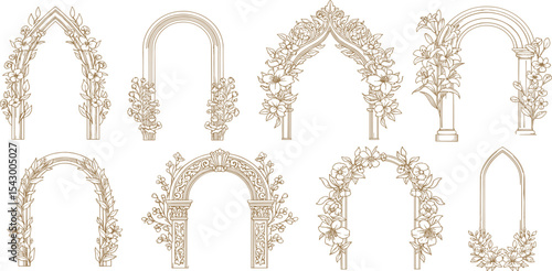 Wedding floral arch frame window set, elegant vector hand drawn invitation border flowers design. Vintage classic anniversary decorative graphic