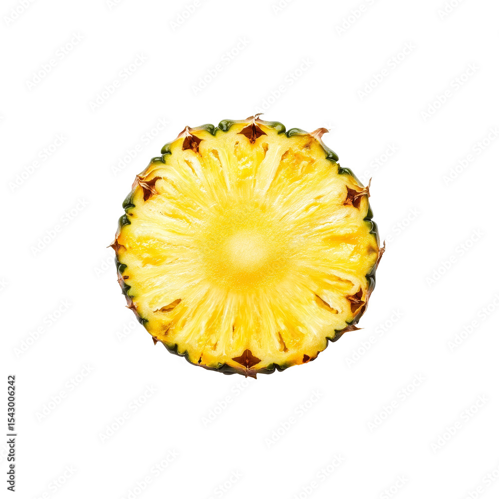Tropical Pineapple Slice: A top-down shot reveals a perfect cross-section of a ripe pineapple slice, juicy, fresh, and bursting with tropical flavor, and its vibrant colors. Tropical Pineapple Slice: A top-down shot reveals a perfect cross-section of a ripe pineapple slice, juicy, fresh, and bursting with tropical flavor, and its vibrant colors.