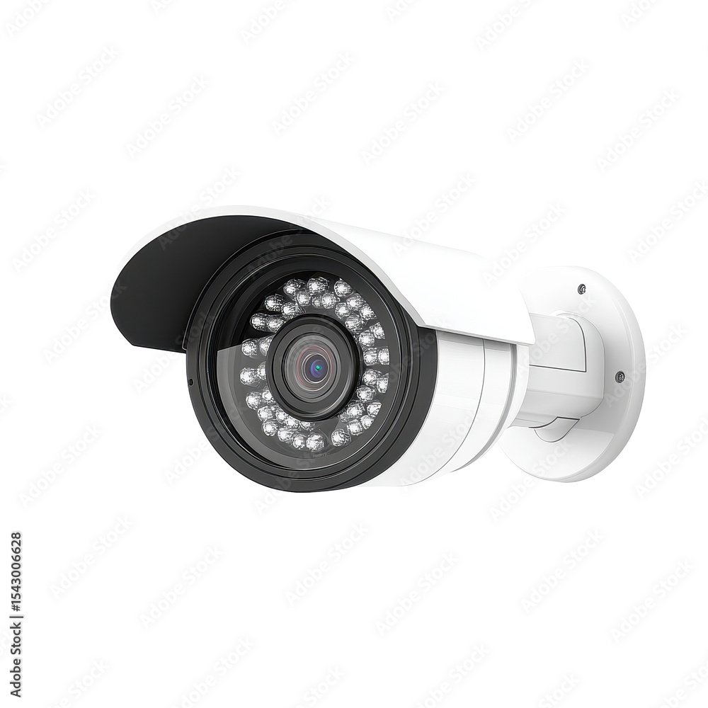 Security camera mounted on wall with clear lens and infrared features in front view, Security Camera Front View on Transparent background Security camera mounted on wall with clear lens and infrared features in front view, Security Camera Front View on Transparent background