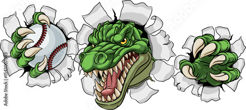 A crocodile, dinosaur or alligator lizard sports mascot holding a baseball ball