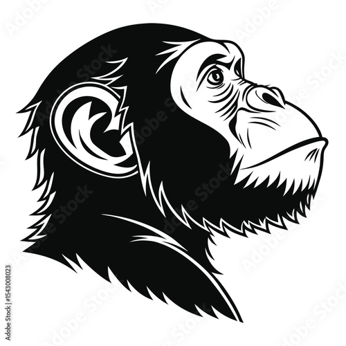 Monochrome chimpanzee head in profile showcases detailed linework and striking contrast against a clean white background