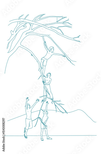 a group of Boys climbing a tree.