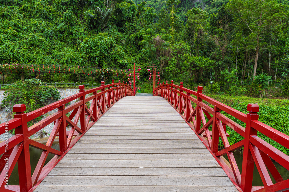 Obraz premium Red Bridge Decorated With Elegant Hearts In The Jungle