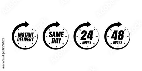 Fast Delivery Icons – Instant, Same Day, 24 Hours, 48 Hours Shipping Clock Symbols