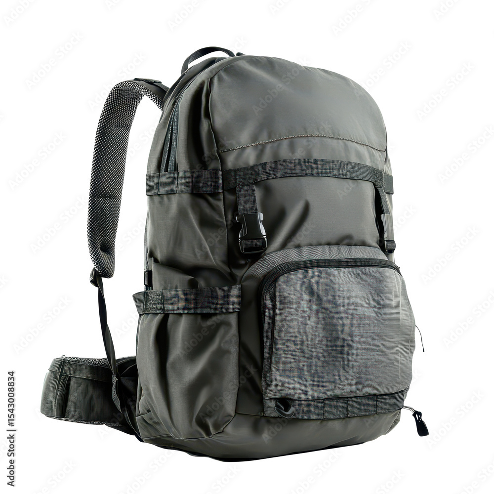 Naklejka premium Gray backpack with multiple compartments isolated against a clean white background for versatile travel needs, Gray backpack isolated on white background