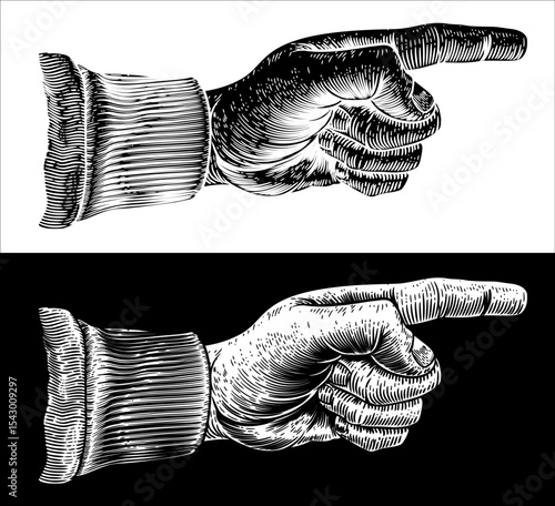 A hand pointing a finger in an etched vintage woodcut style