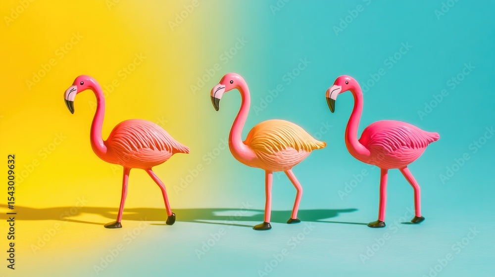 Fototapeta premium Flamingo toys in motion, vibrant colors, simple yet creative design, evoking joy and playfulness.