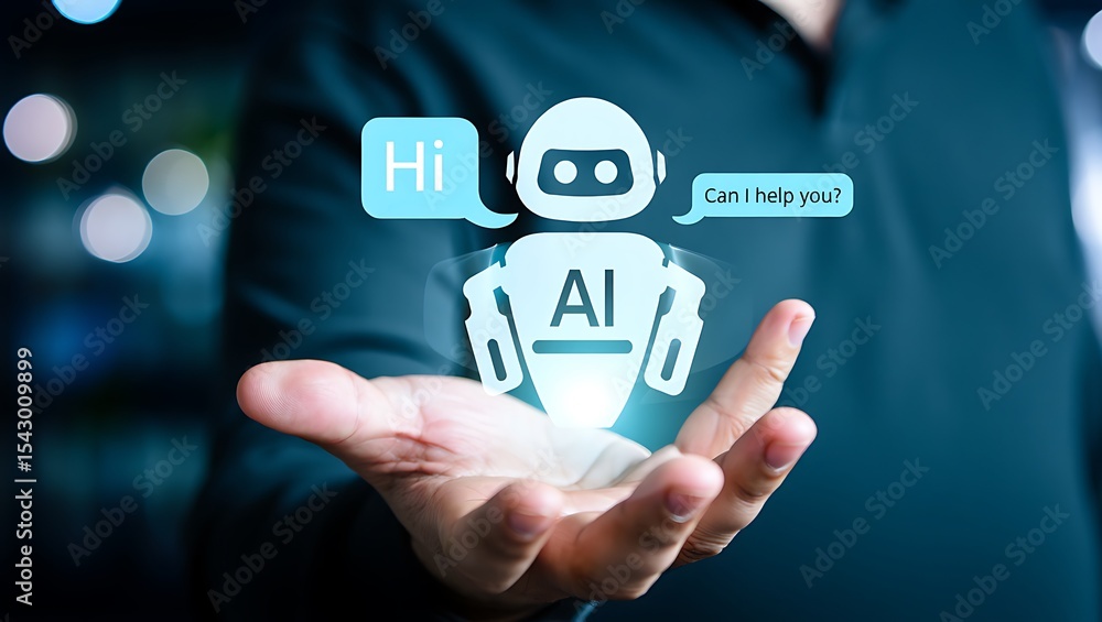 A hand presents a glowing ai chatbot icon with speech bubbles saying hi and can i help you A hand presents a glowing ai chatbot icon with speech bubbles saying hi and can i help you