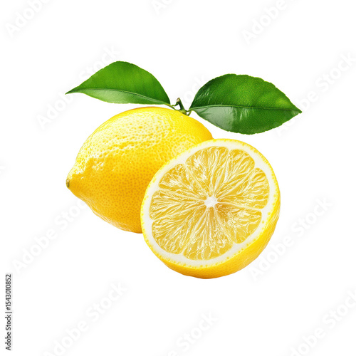 Zesty Citrus Duo: A vibrant pair of fresh lemons, one whole and one halved, display their sunny yellow hue with captivating visual detail, complemented by lush green leaves.