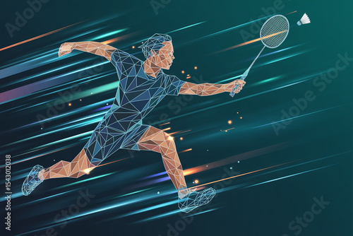 Dynamic Geometric Rendition of a Badminton Player in Motion, Conveying Energy and Focus within an Abstract and Modern Composition for Sports and Athletic Visualizations