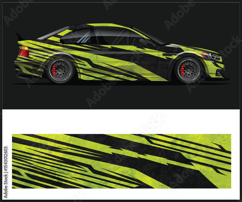 Aggressive Lime Green and Black Race Car Wrap Design