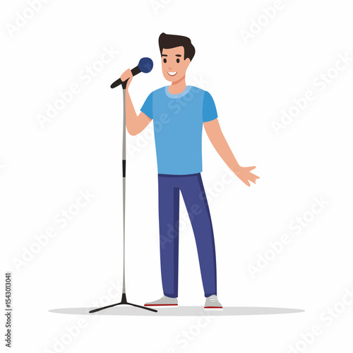 Singer on stage: Man sings holding microphone while standing, evoking emotion.
