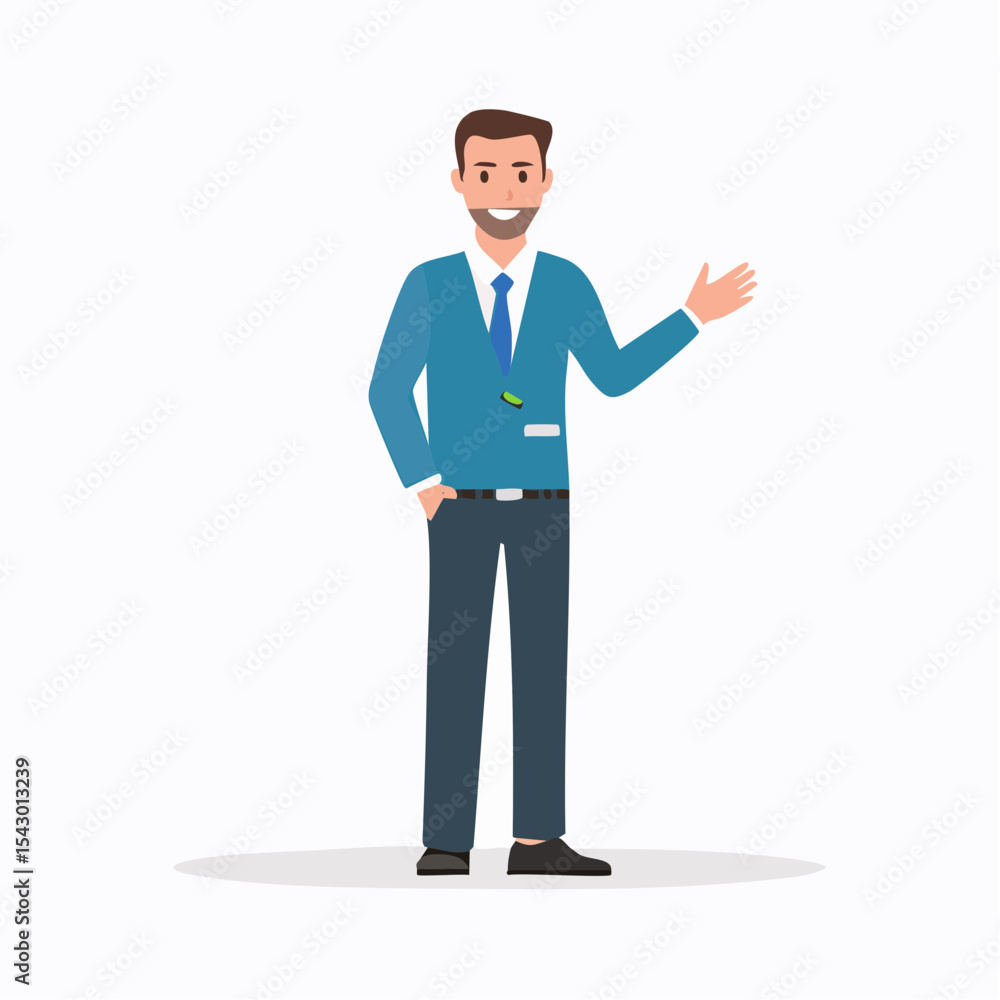 Confident Businessman in a Professional Pose: A stylishly dressed businessman with a warm smile, confidently gestures with his hand in a business setting, exuding professionalism and approachability. Confident Businessman in a Professional Pose: A stylishly dressed businessman with a warm smile, confidently gestures with his hand in a business setting, exuding professionalism and approachability.