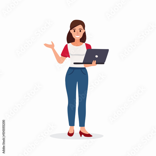 Woman Presenting: A young woman with a captivating presence, animated with open gestures and a laptop, delivers an engaging presentation, highlighting her versatility and charm. 