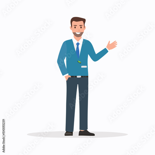 Confident Businessman in a Professional Pose: A stylishly dressed businessman with a warm smile, confidently gestures with his hand in a business setting, exuding professionalism and approachability.