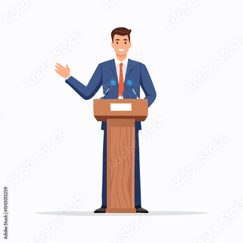 The Orator's Presence: A polished orator, dressed in a sharp suit, stands confidently at a podium, captivating the audience with eloquent gestures and poised delivery.