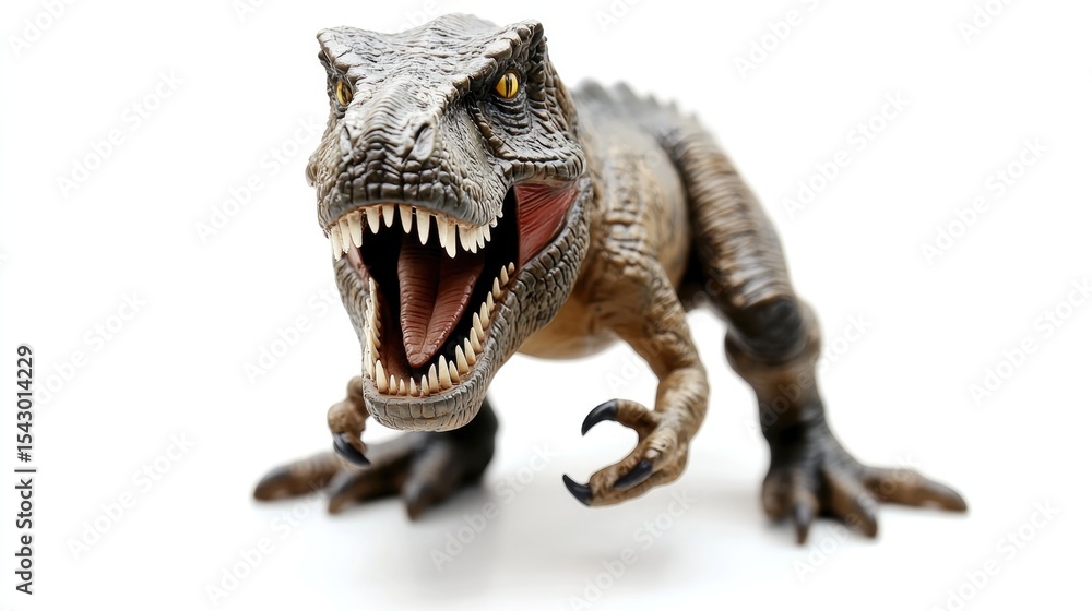 Fototapeta premium Close-up of a fierce T-Rex figurine with sharp teeth, capturing its menacing essence and primal power.