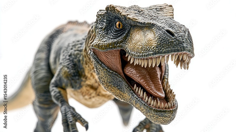 Fototapeta premium Close-up of a fierce T-Rex figurine with sharp teeth, capturing its menacing essence and primal power.