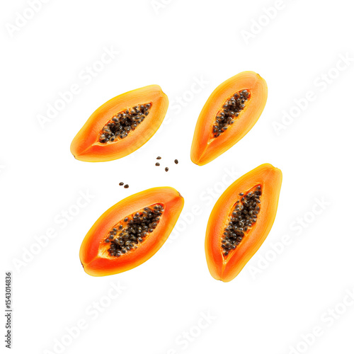 Tropical Delight: A vibrant and fresh papaya cut into quarters, with its dark seeds, inviting a taste of paradise.