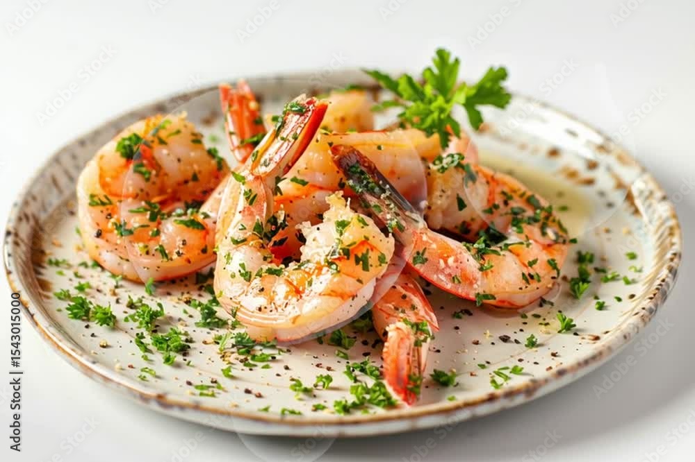 A highly realistic photograph of a serving of garlic butter prawns with parsley, rotating on a simple round plate against a soft white background A highly realistic photograph of a serving of garlic butter prawns with parsley, rotating on a simple round plate against a soft white background