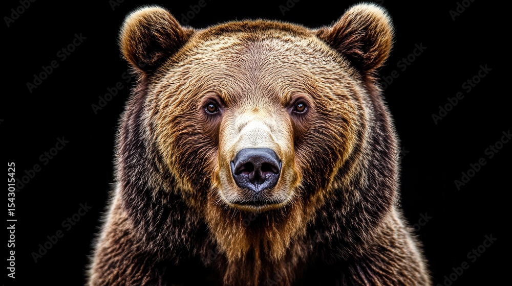 Detailed front portrait of a brown bear against black background. AI-generated. Detailed front portrait of a brown bear against black background. AI-generated.