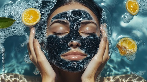 Serene Woman with Caviar Face Mask and Citrus in Bubbling Water