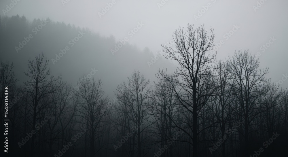 Fototapeta premium Gloomy Forest Landscape in the Heavy Fog