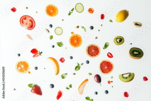 Wallpaper Mural Minimalist design, flying food items representing abundance and freshness on white canvas Torontodigital.ca