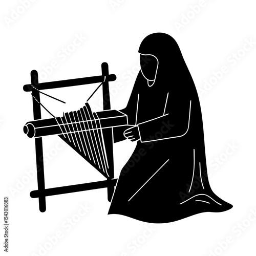 Woman weaver traditional craft weaving loom textile art illustration silhouette