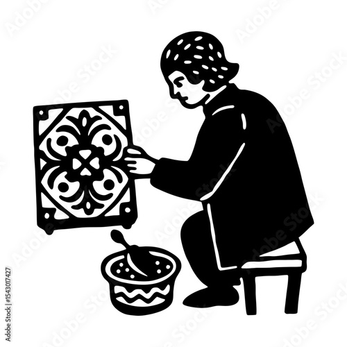 Artisan craftsman tiling tile art design worker mosaic vector illustration silhouette