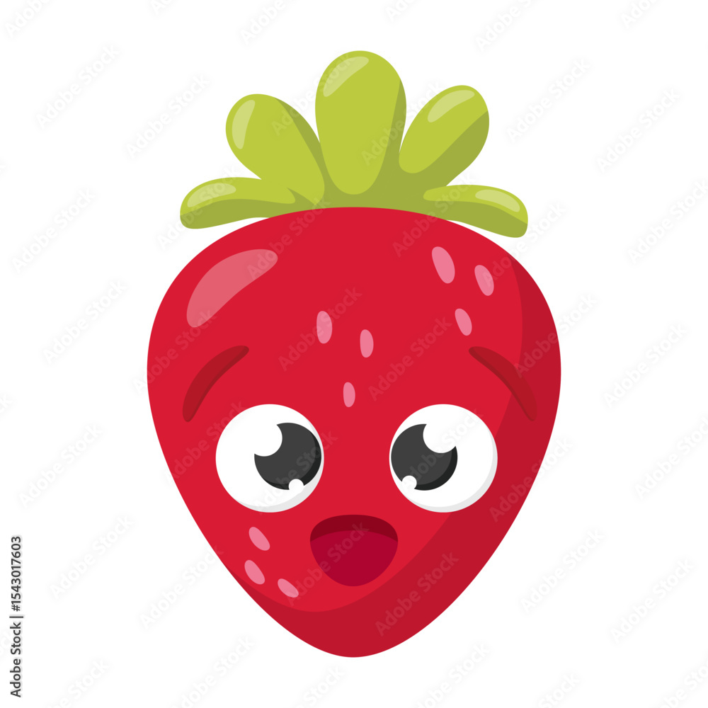 Obraz premium Surprised cartoon strawberry with green leaves isolated on white background. Funny fruit character illustration for design and print